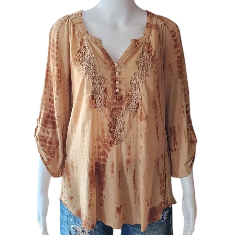 Vintage America Blues Boho Embroidered Tie Dye Peasant Blouse